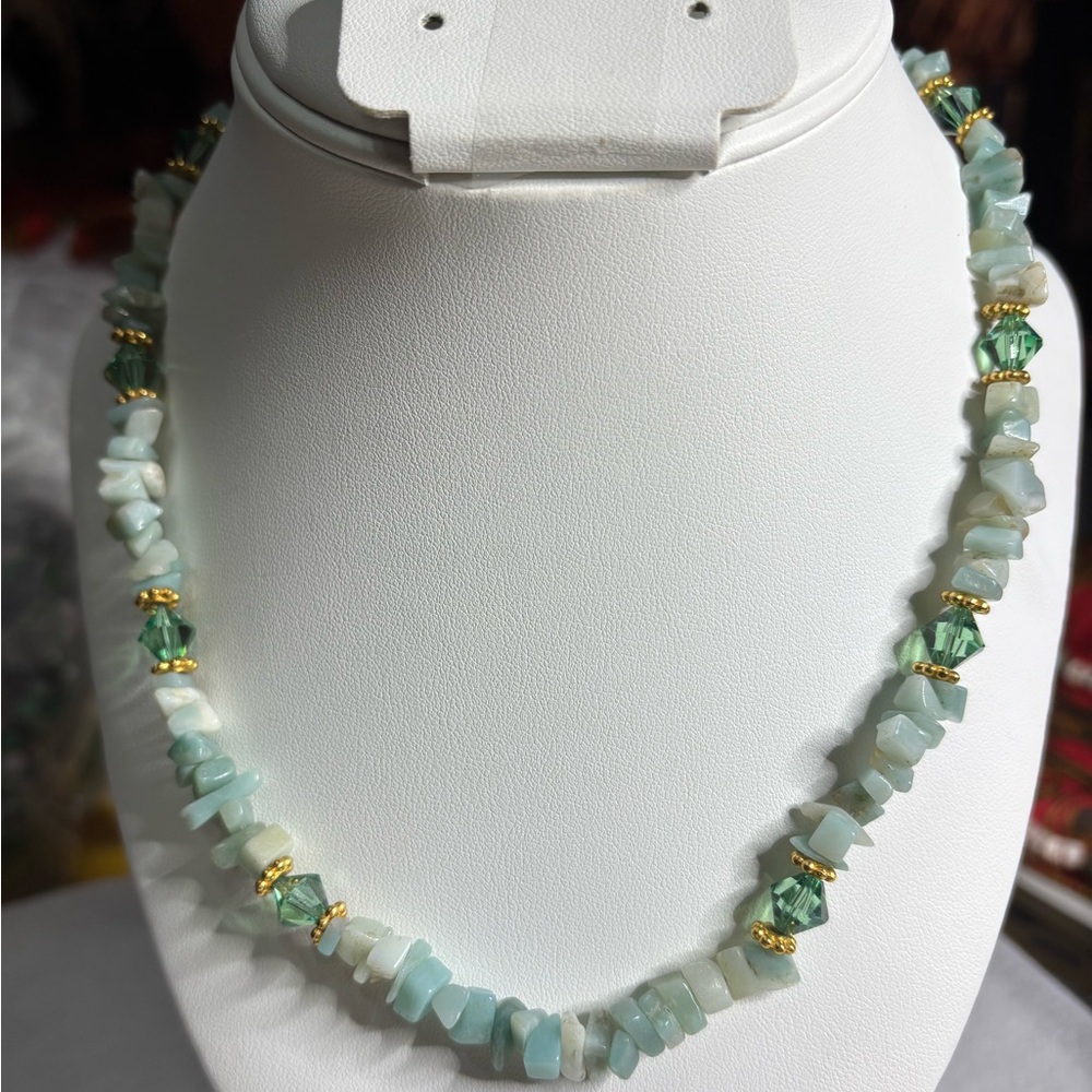 Handmade Beaded Necklace Green and Gold Chips and green crystals 18 inches